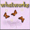 Animated sequence of four orange butterflies on a light purple background with 'whatworks' text and sparkles.