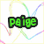 Green text 'paige' on white background with colorful heart outlines, surrounded by pixelated peace symbol and circular patterns.