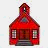 A pixelated red schoolhouse icon with a bell tower next to misspelled text reading 'suport publik idukashun' on a white background.