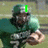 A football player in a green uniform holding a ball, with changing text overlays