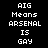 Pixelated text displays 'AIG Means ARSENAL IS GAY' in white on black and gray backgrounds with a blank white section.