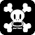 Pixelated white skull with heart-shaped ears and crossbones on black background, static image.
