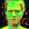 pixelated faces with green and yellow coloration, showing varied head positions and expressions