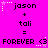 Pixel art with pink background showing 'jason + tali = FOREVER <3' repeated across two , each containing three identical calculations with star and dot accents