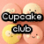 Pixelated image of four cupcake icons with smiling faces on a peach background, overlaid by bold text reading "Cupcake club" in white letters on black bars.