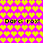 Pixelated heart pattern with alternating yellow and orange hearts on pink background, repeated text "Darcy Fox!" in black block letters.