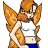 Pixelated cartoon character with fox ears and tail wearing white crop top and blue shorts standing next to green text logo on dark background.