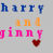 Gray background with blue 'harry', orange 'and', pink 'ginny' text, and a red heart symbol below the text.