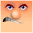 Pixelated static icon of a face with blue eyes, brown eyebrows, and an orange background featuring a microphone in the lower-left corner.