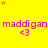 Yellow background with repeated pink text 'maddigan' and '<3' symbols, scattered orange stars.