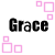 Pixelated text 'Grace' in black and pink with surrounding square outlines on white background.