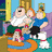 Pixelated cartoon scene with four characters in a living room, one holding a child, another holding a dog, and a pig silhouette with text overlays on yellow background.