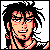 Pixelated 2D character portrait with spiky black hair, red facial highlights, and a neutral expression on a white background.