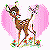 Pixelated cartoon deer with brown body and white spots stands between two pink cloud shapes, holding a flower with green stem and multicolored petals.