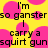 Yellow background with pink circular shapes and black pixelated text reading "I'm so gangster I carry a squirt gun" in repeating pattern.