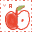 Pixelated red apple with green leaf, white core, and small square seed, framed by red and pink border with 'Y A' text above.