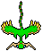 Pixel art of a green, winged creature with brown accents and blue eyes on a gray background.