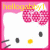 A 3x3 contact sheet of Hello Kitty animated frames with pink borders, each frame showing the character's face with a patterned bow and text "hellogabbyl" in different colors above her head.