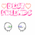 Pixelated pink text and heart shapes above two gray circular icons with small colored details on white background.