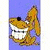 Pixelated dog head with wide grin showing teeth, blue background, text 'This dog has perfect teeth!' and paw print on white side.