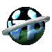 A spherical icon with a green lower half and black upper half, featuring a white ring orbiting the sphere and blue and white abstract shapes on its surface.