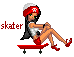 Pixel art of a female skater in red and white attire sitting on a red skateboard with visible wheels, positioned next to the word 'skater' in red text.