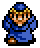 Pixel art character in blue robe and crown with yellow accents, shown in two poses against gray background.