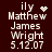 Pixelated text displays 'ily' with a heart symbol, 'Matthew James Wright', and '5.12.07' on a dark background, with animated changes to the heart symbol.