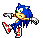 Blue anthropomorphic hedgehog in pixelated animation with red shoes, white gloves, and green eyes performing sequential motion frames against gray background.