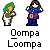 Animated contact sheet of pixel art Oompa Loompa characters in various poses with repeated text "Oompa Loompa" below each frame on a gray background.