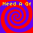 Four identical spiral patterns with red and blue concentric rings, each containing yellow text reading "Need A Gf" on a solid background.