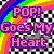 Pixelated image with rainbow gradient, checkered background, and overlaid text in pink and white.