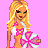 Pixelated image of a blonde woman in a pink and white outfit holding a large pink and white pom-pom against a pink background.