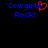 Blue pixelated text 'Cowgirls Rock!' with a red heart symbol replacing the letter 'o' in 'Cowgirls', displayed on black background.