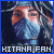 Pixelated image of a person with closed eyes wearing a blue mask, framed by dark hair and a solid blue border, with text reading 'KITANA FAN' at the bottom.