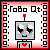 Pixelated robot with heart chest, red top border, and 'Robo Qt' text above; animated hearts float from its head in later frames.