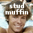 A pixelated image of a smiling person with brown hair, overlaid with white text reading 'stud muffin' in a blocky font.