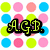 Pixelated icon with three distinct text labels over a polka-dot background of green, pink, blue, and orange circles.