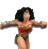 Pixelated figure in red and gold costume with blue accents, arms extended horizontally against gray background.