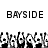 Pixelated black-and-white animation of a character with raised arms, repeated across beneath the text "BAYSIDE" in blocky font