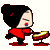 Pixelated character in red outfit plays red drum set with yellow cymbal, black hair in bun, closed eyes, blue and red cheeks.