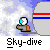 Pixelated character with blue eyes and orange backpack performs skydiving animation against clouded background.