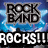 Two side-by-side pixelated images of 'ROCK BAND' text above 'ROCKS!!!' with varying exclamation marks, set against a blue wave background.