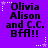 Purple background with black text reading "Olivia Alison and C.C. BFA!!" surrounded by white star-shaped pixel decorations.
