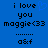 Blue background with black pixelated text reading 'i love you maggie<33' and 'a&f', a blue heart symbol, and dotted lines.