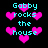 Pixelated cyan text "Gabby rocks the house" surrounded by pink hearts on a black background, with varying heart positions across frames.
