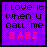 Static pixel art with purple checkered background and black text reading 'i love it when u call me' above pink text spelling 'BABE'.