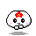 Pixel art character with red flower headpiece, black eyes, pink blush, and white body holding green heart-shaped object with 'LOVE' text in various colors.