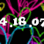 Pixelated static image with white digital time display '9:18.07' over abstract colorful lines on black background.