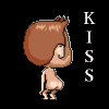 Pixelated cartoon character with brown hair and light skin stands against black background, text to right changes from KISS to MY to ASS across frames.